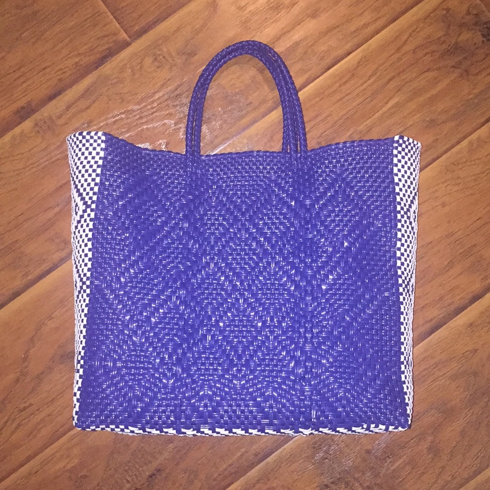 Mexican hand woven blue and white tote